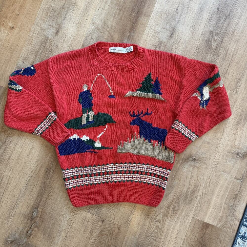 Robert Scott Vintage Knit Sweater Ramie/Cotton Fishing Christmas Red Large READ